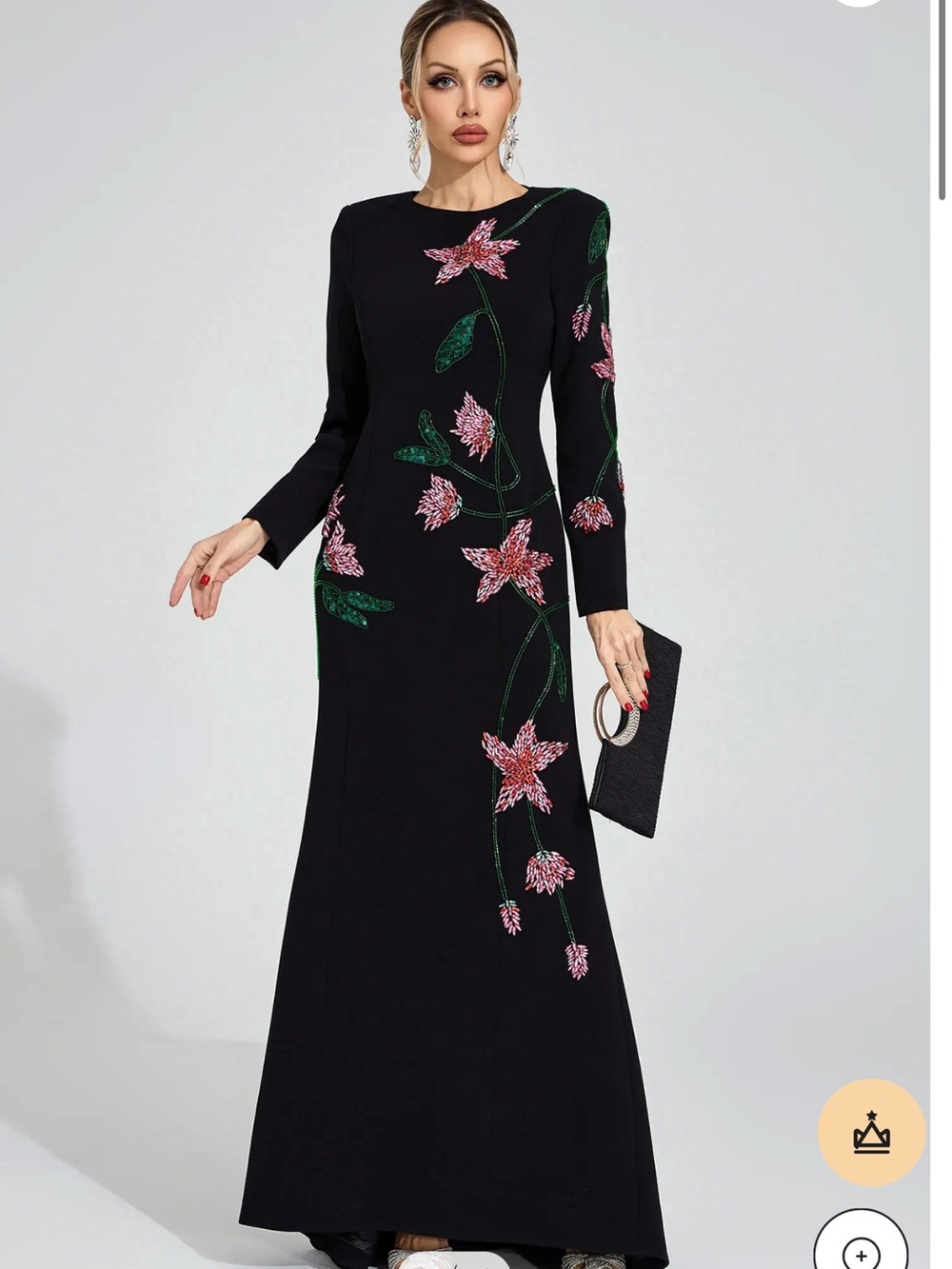 Black Long-Sleeve Maxi Dress with Pink Floral Embroidery